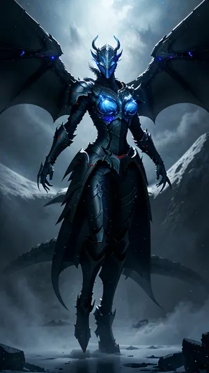 Le dragon aux ailes bleues éclatantes se tenait au sommet d'une montagne, ses ailes s'étendaient. Au loin, on pouvait voir une image d'une planète enneigée. Le ciel était sombre et étoilé, avec des étoiles scintillent dans la nuit