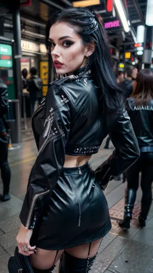 Женщина на фотографии носит кожаную куртку и высоковатые длинные шорты, покрытые тминкой. Ее лицо сложено тминкой, и ее тело покрыто тминкой от головы до ног. На заднем плане есть вспышки