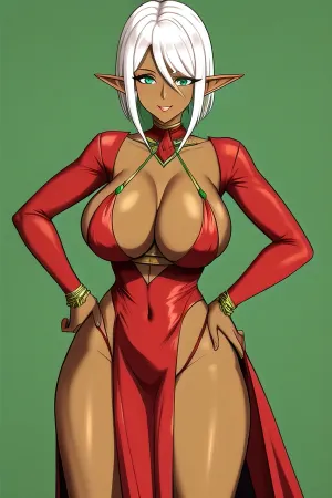 woman, in solid green background，a elf （red pupil, white hair, cut hair, brown skin, big boob, ）wearing beautiful dress is standing（hand on hip）
