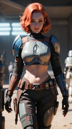 A mulher com cabelo gengibre, cabelo encaracolado e cabelo curto está em uma roupa cyberpunk com uma armadura semelhante a Jedi. Ela tem um sorriso etéreo e seios naturais. Sua pele é lisa e se encaixa como a armadura que ela usa