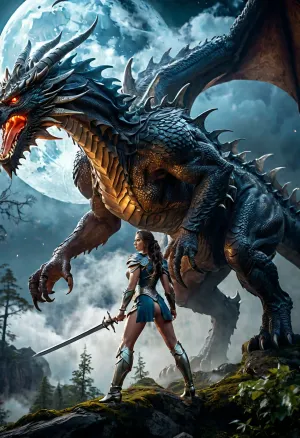 Женщина с мечом прошла через темную древесину, ее глаза фиксируются на массивном драконе перед ней. Она знала, что это не обычное существо - дракон был могущественным и умелым в бою. Но она также знала, что у нее есть что-то