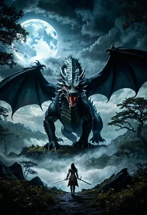 Женщина с мечом прошла через темную древесину, ее глаза фиксируются на массивном драконе перед ней. Она была готова к бою, меч готов. Когда она приближалась, она могла видеть, что это была полнолунная ночь и