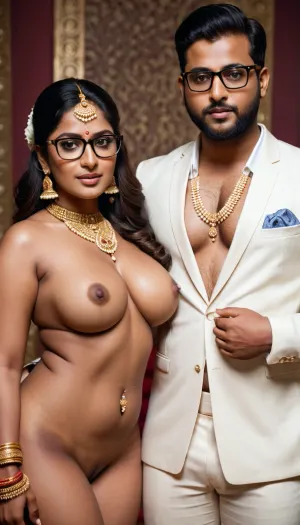 A Bengali bride in her 25th wedding ceremony was captured in a sensual pose with her groom, who was fully clothed. She had thick thighs and a busty body, which were showcased in the sexy outfit she wore. Her eyes