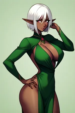 woman, in solid green background，a elf （red pupils, white hair, cut hair, brown skin, big boob, ）wearing is standing（hand on hip）