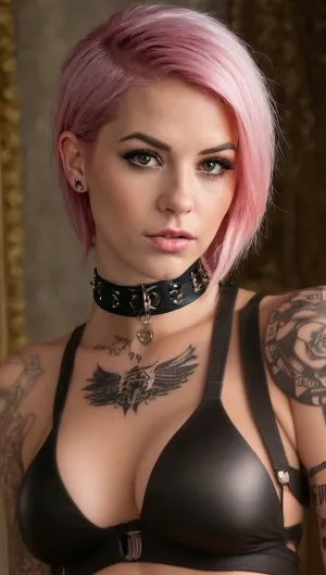 AI制作的色情图片完美无缺,一个美丽的无毛的纹身女孩站立在直角上,脸上有性感和高潮的表情. 她的身材很瘦 全身都是阴毛