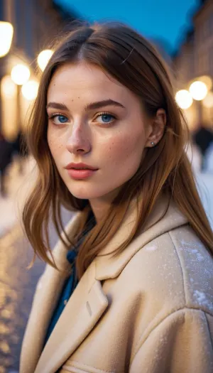 A young woman with a beautiful face and perfect body was walking down the street in Stockholm, Sweden. She had a sexy 90s outfit on, complete with a vintage 90s winter outfit. Her perfect face was framed by her long brown hair that cascade