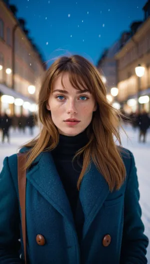Una giovane ragazza svedese con lentiggini e la faccia rotonda ha camminato per le strade di Stoccolma in un outfit anni 90, indossando dettagli alti e illuminazione perfetta