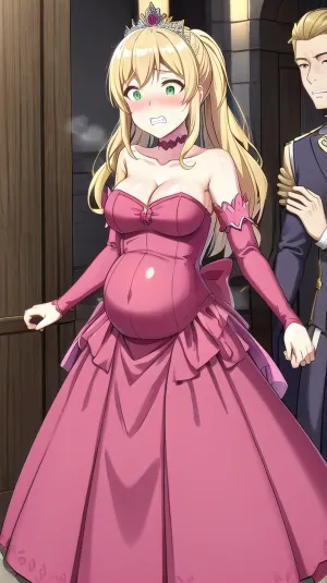 woman, full dress, missionary, vaginal, close, spreading, exposed, scared, expression, clenched, teeth, <lora:scared-expression-v1.8-000005:.5>, pussy, pregnant, skinny, birth, out, <lora:birth7:.5>, (masterpiece, best, quality:1.2), liliana, heiligh, blonde, hair, long, ponytail, green, eyes, tiara, choker, bare, shoulders, detached, sleeves, pink, dress, <lora:liliana_heiligh_v1:.5>