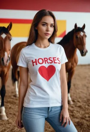The girl wearing a white t-shirt with the sign 'I, heart, Horses' on it was walking down the street when she stopped in front of a store and looked at the pictures on display. One picture caught her eye - it was