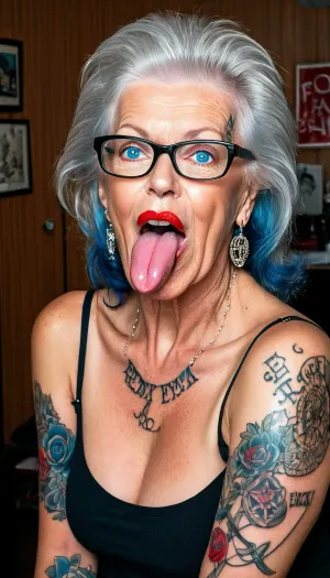 A mulher na foto era uma secretária tatuada de corpo inteiro com uma roupa de avó sexy e mamas grandes. Ela tinha cabelo longo, foco afiado e uma boca grande. Seu piercing no nariz adicionado ao seu olhar nervoso. Ela estava vestindo