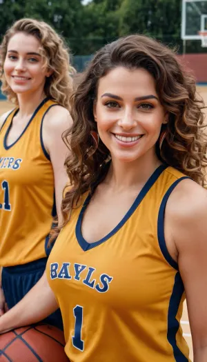 woman, masterpiece, best quality, highres, (photorealistic:1.4), earrings, 3 women, (wavy hair:1.2), (solo:1.1), (looking at viewer:1.2), (smile:1.35), on basketball court, large natural breasts, wearing basketball jersey