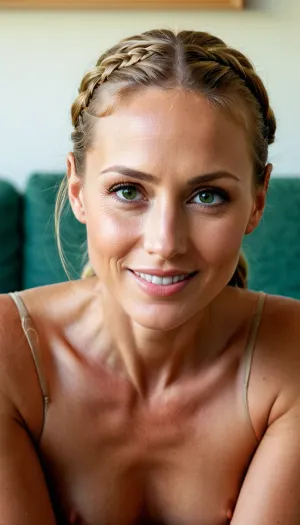 Short cute woman 5 feet tall, 44 years old, button nose, green eyes, sandy hair, braided ponytail, long lashes high forehead, small feame, flat, chested, <lora:flat_chested_v3.5:.5>, <lora:faces_v3:.5>, cure lips smile, sitting on couch