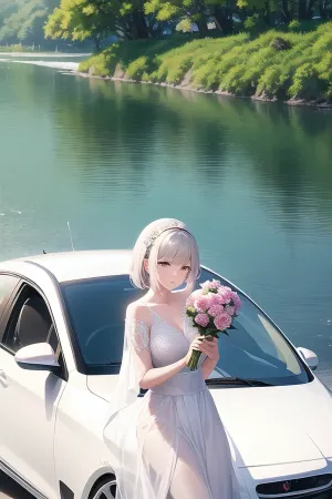 masterpiece, best quality, white hiar, cut hair, woman, flowers, tree, （water, 1.2）, car, （ice, 1.5）