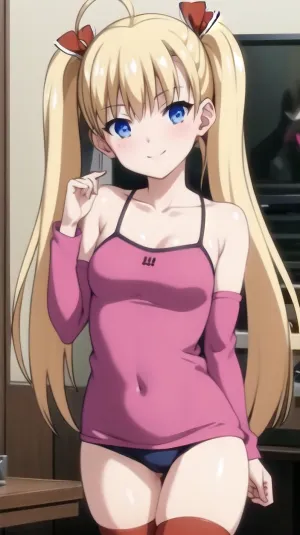woman, (masterpiece, best quality:1.2), illustration, 8k, hd, absurdres, upper body, (portrait:1.2), long_hair, blush, smile, blue_eyes, blonde_hair, ribbon, twintails, hair_ribbon, ahoge, collarbone, very_long_hair, long_sleeves, pink jacket, camisole, denim_s, red_belt, striped_thighhighs, medium_breasts, <lora:Airi(remake):.8>, <lora:Squeezer2:.5>