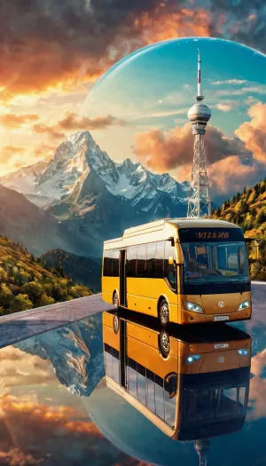 Una donna guardò il cielo e vide un minibus allontanarsi dallo schermo del telefono. Ha notato una grande riflessione in una torre d'oro 5g e ha capito che stava guardando la sua immagine su una macchina. Improvvisamente, vide un mini