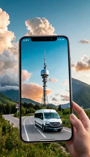 一个女人站在一面大镜子前,欣赏着她的反射,当她突然看到地平线上的一座山和蓝云的形象. 她听到她移动通讯塔上的短信通知 俯视下看到一个图像