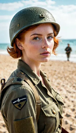高解像、8k、d-dayセクシーブリチガールショートミルタリースタイルのヘアカットが1944年にビーチで撮影された若い 赤毛英国の少女の素晴らしい超現実的な写真