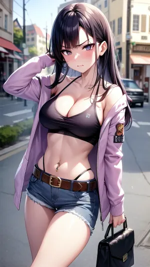 Hinata Hyuuga, Naruto'nun ana karakteri, uzun saç ve yüksek kaliteli HD olan güzel bir kadın. Bir mor ceket ve örgü gömlek ve gri gözlerle pantolon giyiyor. Olgun kadın vücudu açık ceketinde sergileniyor