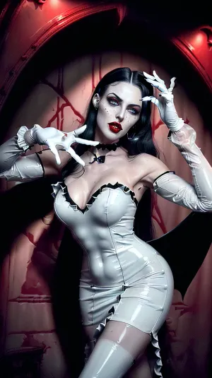 shameless woman, realistic, Sexy beautiful young nude vampire queen, tall skinny, (((very long white dress with ruffles made of glossy rubber, athletic girl, photographed by a Nikon Z7 II Camera, Rubber, realistic, complex, pokies, tall face, dark, horror, European, ((rubber white gloves covers fingers and toes, ultra finger detailing, defiant fighting stance, athletic muscles, dead eyes, long vampire fangs, full black lips covered in blood, needle-shaped teeth are exposed, Rubber, inguinal dimples, athletic girl, high detail, very beautiful face, high facial detail, ultra eye detail, blue eyes, Bloodthirsty))), natural tities, ugly face, very long black hair, big white eyes, sexy Gothic makeup, white ebony skin, big full red lips, ugly emotions, Gothic room of horror, <lora:LatexXLv11:.5>, <lora:192af1bb3d75bab622d76a8c8cf0a0b9:.5>, <lora:xl-shanbailing-1126darkness黑暗:.5>, <lora:seethruv3_SDXL:.5>, .))