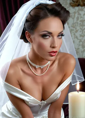 The woman in the photo is a Russian tranny, with long white satin dress, light blue eyes, and long false eyelashes. She is sucking on a man's cock while wearing makeup and jewelry. Her perfectly shaped body is in perfect proportion