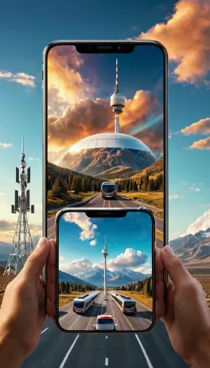 照片中的女人正用大镜子看着她的反射,突然看到一辆小巴从电话屏幕上开走. 她抬头看,看到一辆汽车上挂着蓝色云彩的大闪光卡. 那边有山