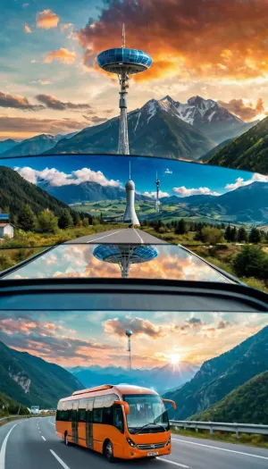 该女子站在电话屏幕前,看着自己和周围的反射. 她看到一辆小巴从电话屏幕上飞走 留下一朵烟雾和一幅山和蓝云的照片