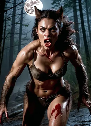 woman, (Female werewolf:1.5), killing animal, fierce look, blood running down chin, magical forest, midnight, (full moon:1.2), (feline eyes:1.2), brown and black fur on forearms, fur bra, muddy streaks, claws, fanged teeth, sneer, SFW, mist, dark, athletic body, eerie, non-nude, highly detailed, epic scene, dim light, close up, , (masterpiece:1.2), (realistic:1.2), (best quality, highest quality), (ultra detailed), (8k, 4k, intricate)