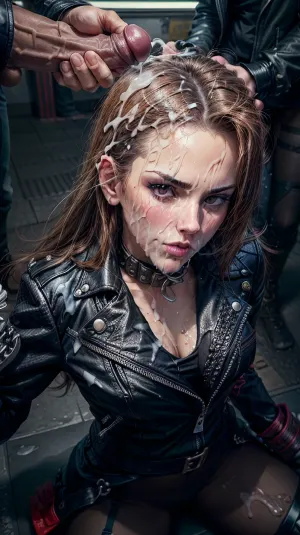 Женщина с темным макияжем и байкерской кожаной курткой входит в станцию метро, ища быстрый хуй. Она замечает парня с коньком на лице и бросается к нему, жаждущего получить ее руки на его кончается Дик