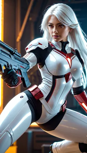 A high-quality scifi picture with a bright white background, soft light, and glowing red eyes. The girl in the picture has a straight haircut and bright white hair. She is wearing a red jumpsuit with glowing scifi armor on her