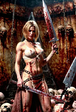 A IA gerou uma obra-prima realista com alta qualidade e detalhes ultra realistas que retrataram uma mulher segurando uma faca enorme, em pé na frente de uma mulher cabeça de pirâmide iluminada. A imagem foi altamente detalhada, com detalhes intricados que o fizeram parecer ainda mais real e