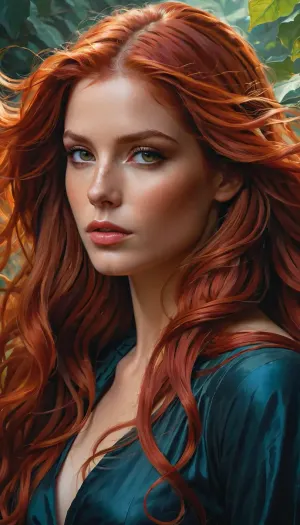 Una mujer con pelo rojo largo y maquillaje impresionante se sentó frente a un retrato de un hombre guapo con maquillaje intrincadamente detallado. El arte de Stanley Artgerm era impresionante, y la pintura al óleo muy detallada era impresionante