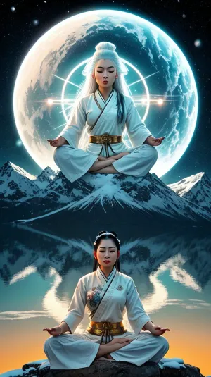 Einstein gibi beyaz saçlı genç bir Asyalı kız yarım lotus pozisyonunda kar kaplı bir zirveye karşı tek uzun bir dağın arka planına karşı, başının etrafında yörüngeleyen birçok renkte yörünge ile çevrilir