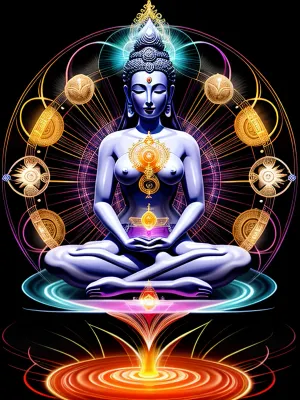 Saf enerjiden yaratılan bir bodhisatva, kafasının etrafında bir yarı renkli ışıkla dolu bir radiant ve simetrik oldu. Vücudu şeffaf ve aydınlatıcı enerji dolu, kutsal geometrinin akışları ile ondan aktığı