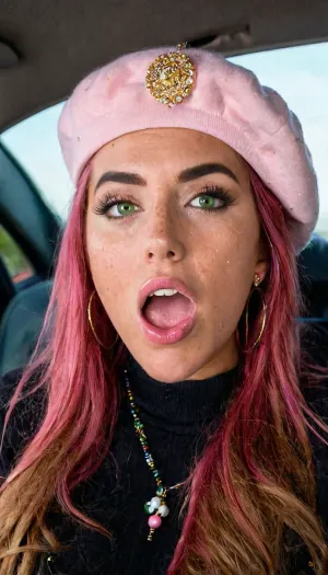 The American girl with big brown eyes and long hair was taking a picture of herself in the car, wearing a black sweater with her makeup perfect. She had freckles all over her body and looked like she was ready for some fun