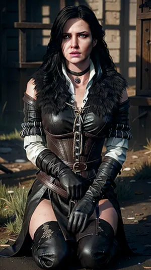 One woman, Russian girl, girl 25 years old, gray eyes, (2 gray eyes), brown hair, medium length hair, medium breasts, not large breasts, (not large breasts 1.5), on her knees, sitting, sitting on her knees, defiant pose, tired, sad, upset, upset face, crying, tears, fear, slave, sex slave, (sex slave 2.0), coercion, ((coercion 1.5)), unwilling, submissive, very submissive, ((very submissive 2.0)), face covered in sperm, sperm on the face, thick sperm on the face, sperm drips from the face, collar, big collar, ((big collar 1.3)), on a chain, on a chain like a dog, like a dog, tied to the floor, raw place, scary place, dark place, dress, torn dress, torn clothes, clothes., talojiyennefer, defaultoutfit, dlcoutfit, <lora:talojiyennefer:.5>, in, the, style, of, y3nn3f3r, <lora:y3nn3f3r(0:.5>, 85, CIVIT, .5>