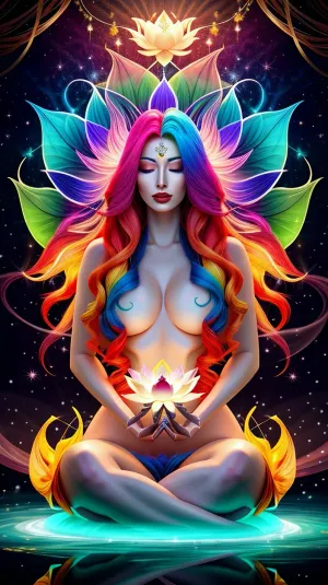 Kadın saçı çok renkli ışıkların kısaltılmasıydı ve gözleri konsantrasyonda kapalıydı. O, ışınların ve kıvılcımların dolu bir shimmering Halfo tarafından çevriliydi ve onun lotus çiçekleri kary dağda kaplıydı