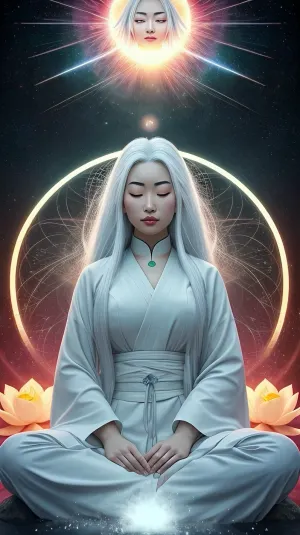 Beyaz saçlarla genç Asya kız, lotus pozisyonunda çapraz ayaklandı, gözleri kapalı ve nefesini yavaş ve istikrarlı bıraktı. Birçok rengin bir yarısı kafasının etrafında yörüngelendi, ortaya çıkan yumuşak bir ışıkla titredi