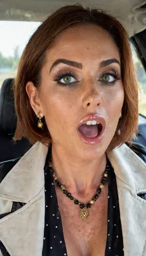 ukrainian, 35 yo, milf, mature, exotic beauty, cinematic photo of one girl, (((open mouth, ready for cum))), (((perfect green eyes, big eyes))), (((exotic makeup))), ((cherry hair), (bobcut), (freckles body), (bronze tan, tanlines, high tan marks)), ((white hat), ((black jacket)), (beads), (big earrings)), innie, closeup, (((huge black shadow makeup))), ((in car, evening)), 35mm photograph, film, bokeh, professional, 8k, highly detailed, <lora:doyoulikemybum:.5>