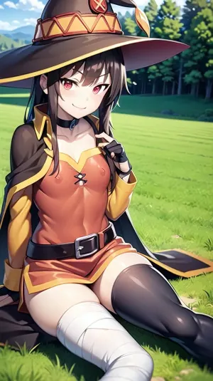 (masterpiece:1.2), best quality, masterpiece, highres, original, extremely detailed wallpaper, perfect lighting, (extremely detailed CG:1.2), perfect face, 1girl, Megumin, KonoSuba, ((red eyes, hair, brown hair, choker, collarbone, hair with long locks, sidelocks, good hand, breasts, smile, smug, witch hat, black cape, black thighhighs, bandages, red dress, black gloves, single thighhigh, belt, orange boots, asymmetrical legwear, bandaged leg, long sleeves, fingerless gloves, winking eye, protruding nipples)), torn clothes, (meadow, flowers, tree, river, big stone), biggest frogs, green slime on body, wooden stuff in hand, sitting, <lora:Megumin1Ve:.5>