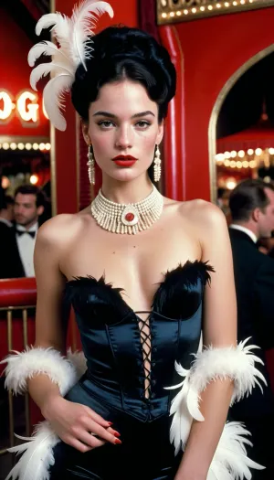 L'immagine vintage degli anni '90 della bella 23 anni francese ragazza magro con lentiggini, capelli neri e moulin vestito rouge con piume bianche e boas era un'immagine di perfezione. Aveva dettagli alti, faccia rotonda morbida, piena