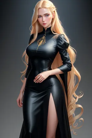 La mujer en la imagen es una mujer segura y hermosa con una construcción delgada, pelo largo ondulado y labios llenos. Lleva un simple vestido negro que abraza perfectamente sus curvas, mostrando su figura delgada. Su edificación ágil se añade a