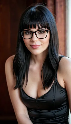 Eine Frau mit einer DSLR-Kamera erfasst ein perfektes Bild einer gotischen Frau mit quadratischen Hipstergläsern und einer 8kähd-Kamera. Das Bild zeigt ihre volle Körperansicht mit perfekter Spaltung, gerade Nasenbrücke, scharfe Brillen, schwarz