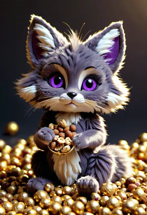 The cute anthropomorphic hybrid of a cat and fox with a little hairy, playful action was sitting on the pile of gold and jewels, playing with its long furry ears. It had big purple eyes that sparkled in the light, and