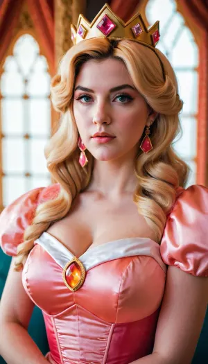 Die Frau stand vor dem Spiegel und bewunderte ihre Prinzessin Pfirsich-Lookalike Kostüm. Sie konnte nicht glauben, wie realistisch es aussah, bis hin zu den Details wie ihre Unterschriftenschweinchen und Unterschrift rote Bogen. Als sie für ein Bild mit