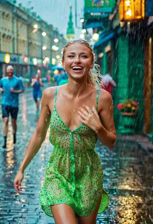 woman, drenched blonde with long high ponytail in blue light summer cotton mini sundress running down Moscow street through the pouring rain and laughing merrily, nipples pokies, (triangle face, pointy chin, green slanty eyes, (miniature body:1.6), (really flat-chested:1.7), (younger innocent face:1.5), thin waist, smooth knees, long legs, round ass, slender body)
