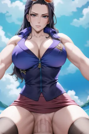 masterpiece, ocean background, 8Futanari, futa, taker, POV, POV below, POV from underneath, POV taker, kneeling, detailed, large penis, erect penis, long penis, disgusted expression, angry expression, contempt, sucking POV, looking down at viewer, legs spread, no vagina visible, <lora:FutaTakerPovBJ-v2:.75>, nico, robin, long, hair, black, slicked, back, eyewear, head, sunglasses, blue, eyes, collarbone, cleavage, jacket, cropped, partially, unzipped, sleeves, midriff, sarong, print, forehead, bare, shoulders, dress, sleeveless, bangs, thighhighs, <lora:nico_robin_v1:.8>, young adult woman, <lora:better_futanari:.5>, pov, from, below, <lora:PovFromBelowV1:1>