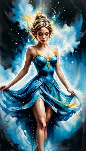 The goddess of air, with her golden eyes and blue skies, descended from the clouds like a goddess of air. Her dress was made out of mist, and her eyes were portals leading to infinite blue skies