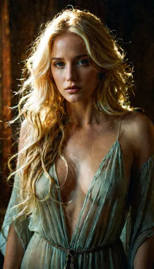 La joven con cabello dorado largo y ojos etéreos es capturada en una hermosa foto de Ross Tran. Sus suaves ojos radiantes de luz, la foto completa del cuerpo y el concepto de diseño de caracteres detallados son un testamento del talento del artista. El