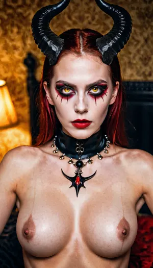 침실에 여자는 그녀의 휴대 전화, 그녀의 누드 몸은 검은 빨간색으로 덮여있다. 그녀는 크림 흰 피부 톤과 빨간 립스틱을 가지고 있습니다. 그녀의 칼라는 어둠 속에서 빛나는 악마의 경이로 만들어집니다. 그녀는