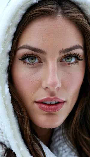 Photo of a pretty woman with beautiful eyes, ((Nikon Z8)), realistic matte skin, skin texture visible, (sharp focus), (high quality), (face visible), ((Detailed Face and Eyes)), close-up photograph of a beautiful woman with a heavy knit hood pulled up over her head, long brunette hair, (green eyes:.7), staring deeply at the viewer, perfect eyes, (Bright smile), light makeup on her face with a glossy lipstick, highly detailed skin, snow blowing all around, cold, UHD, hyperrealistic, HDR, <lora:shredded woman:.6>, <lora:chest_adjust:.7>, <lora:add-detail-xl:.8>, <lora:DetailedEyes_V3:.5>